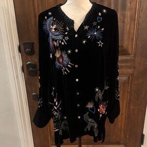Johnny Was Embroidered Black Velvet Women's Top